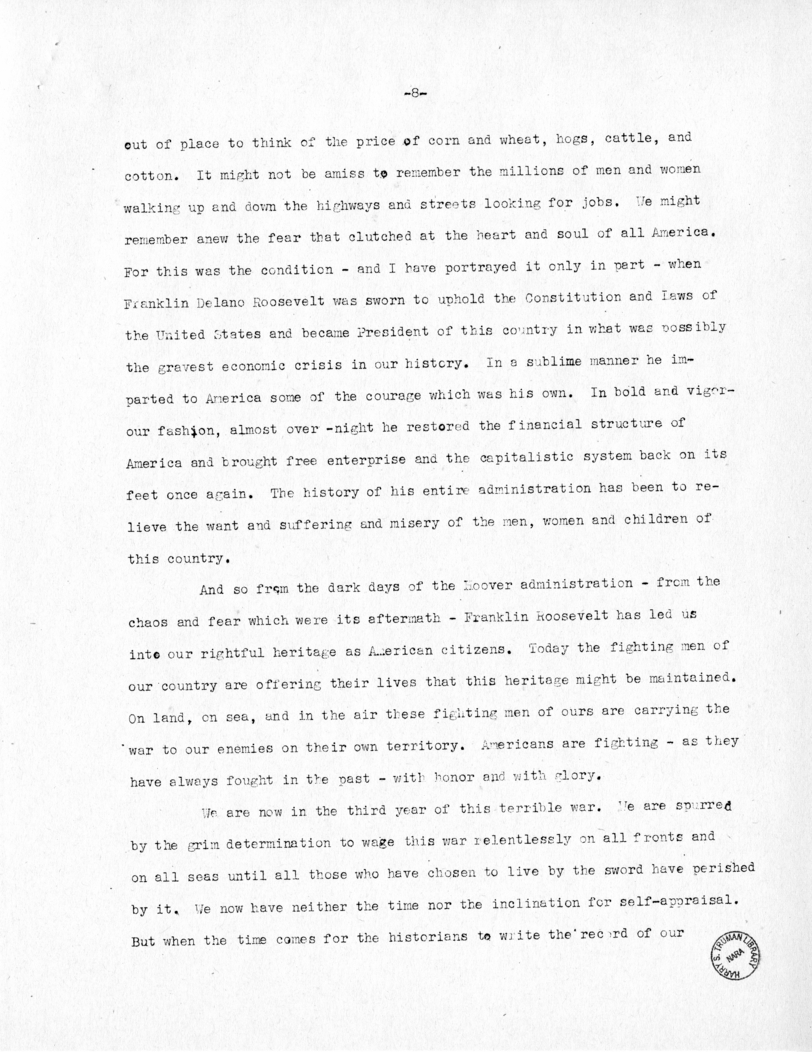 Speech of Senator Harry S. Truman at Salt Lake City, Utah