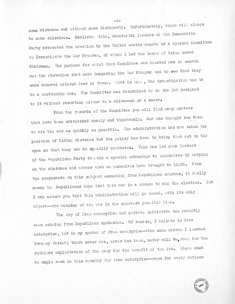 Speech of Senator Harry S. Truman at Phoenix, Arizona