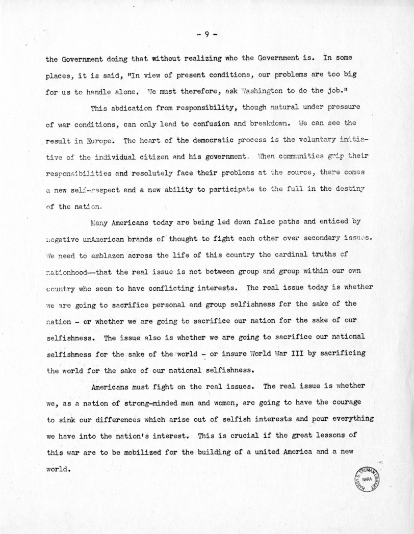 Speech of Senator Harry S. Truman Before the 180th Anniversary Dinner of Zion Lodge, Detroit, Michigan