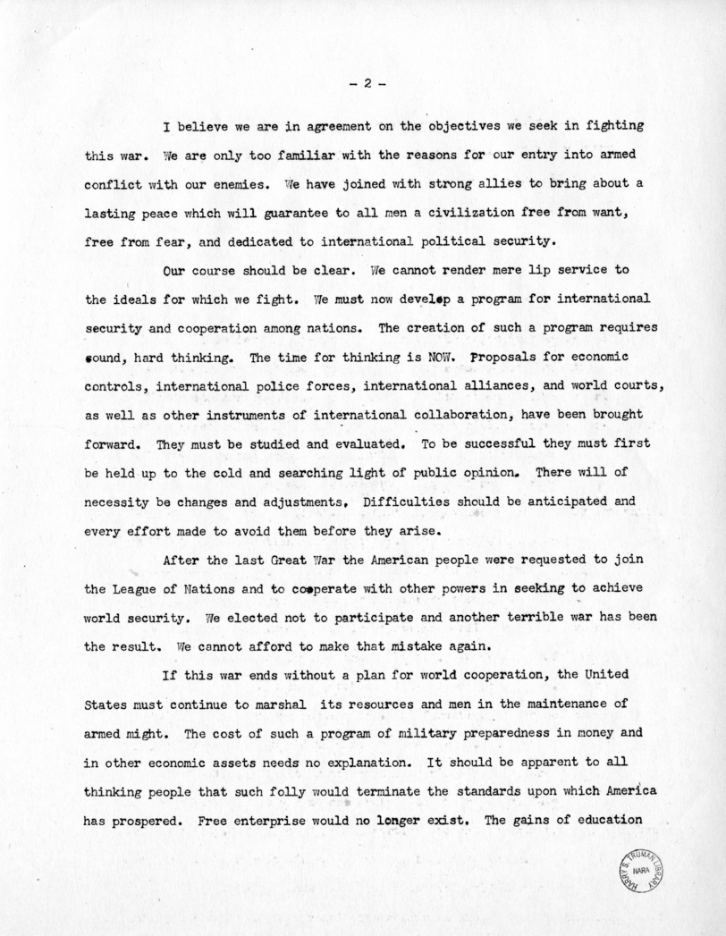 Speech of Senator Harry S. Truman Before the Faculty Women's Club, George Washington University, Washington, D.C.