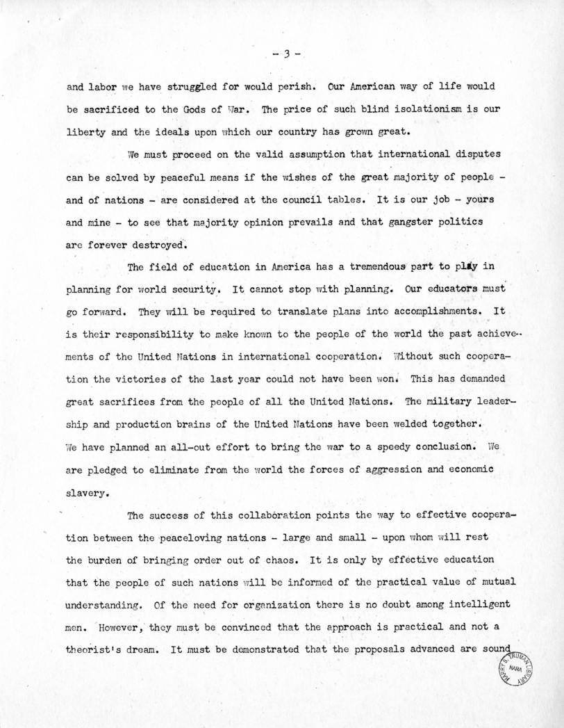 Speech of Senator Harry S. Truman Before the Faculty Women's Club, George Washington University, Washington, D.C.