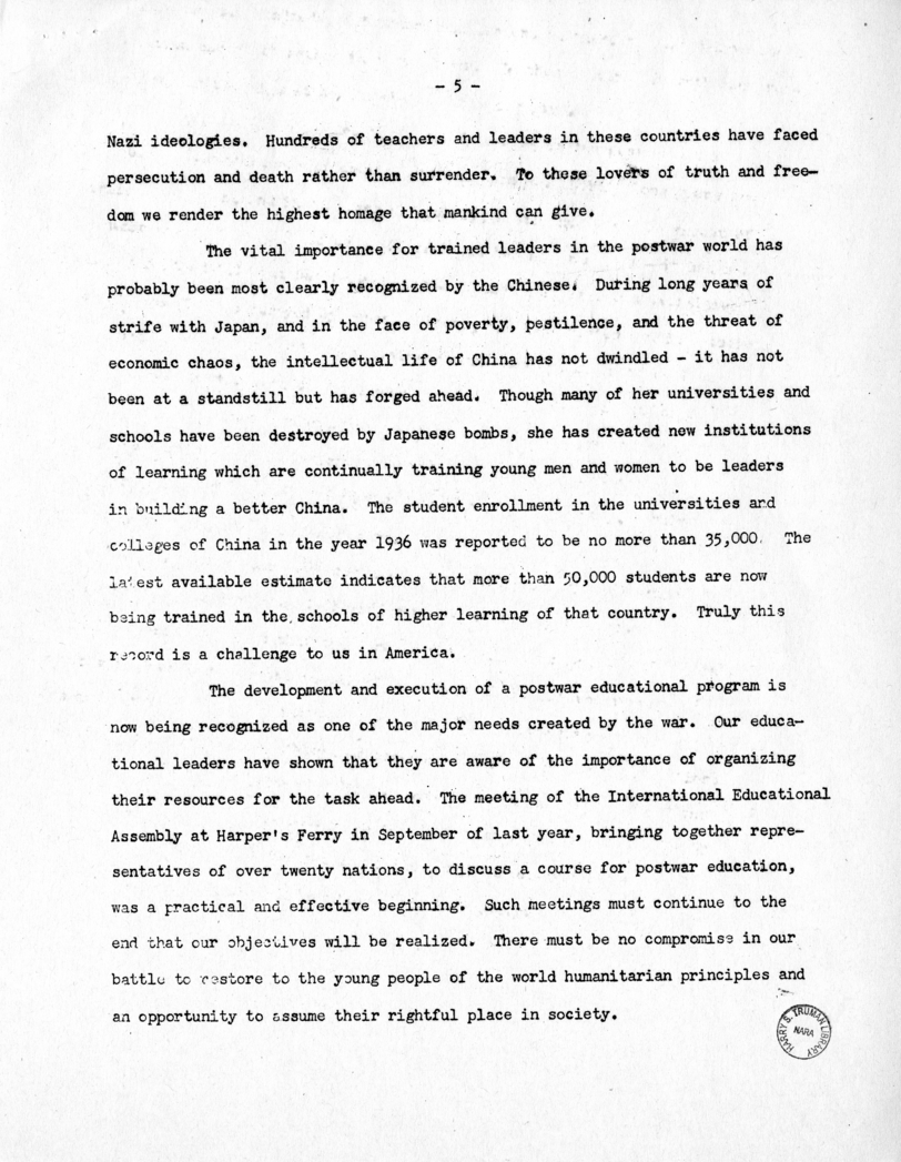 Speech of Senator Harry S. Truman Before the Faculty Women's Club, George Washington University, Washington, D.C.