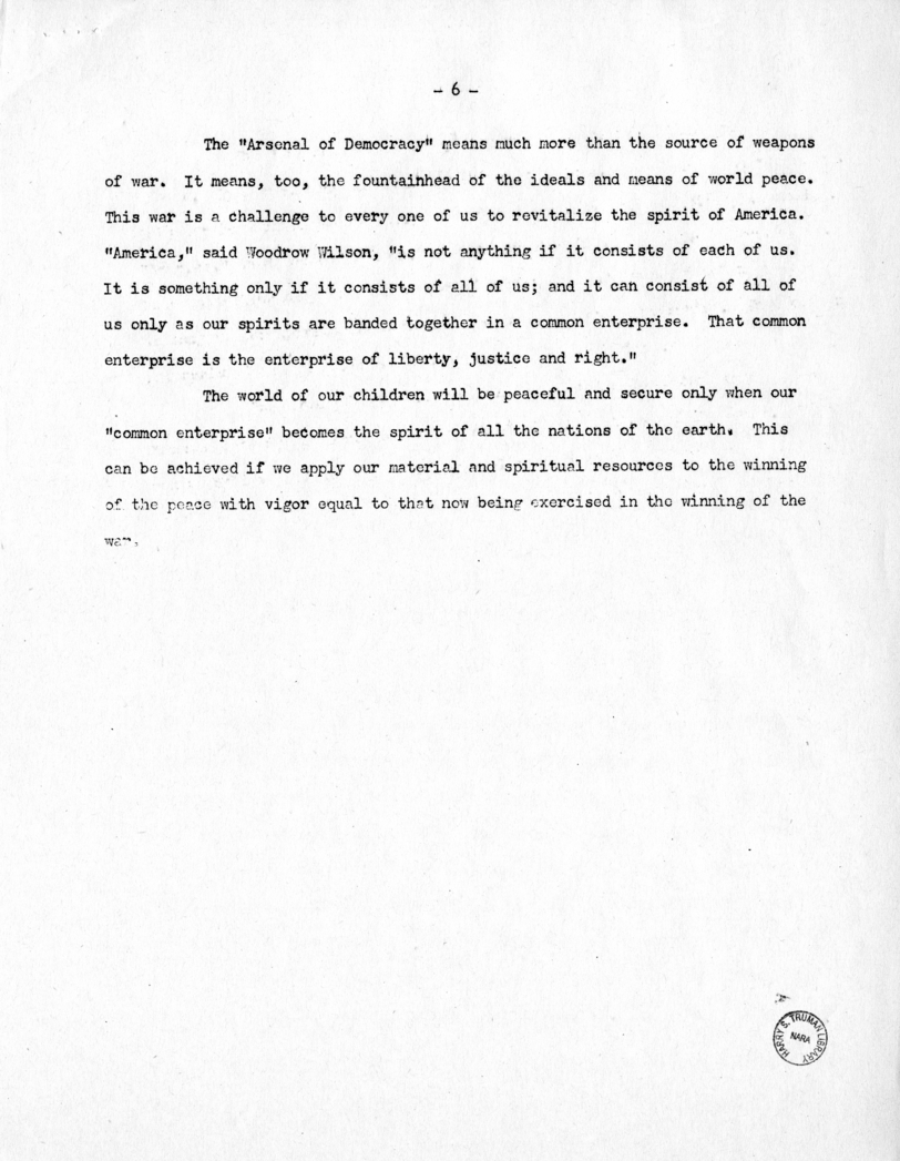 Speech of Senator Harry S. Truman Before the Faculty Women's Club, George Washington University, Washington, D.C.