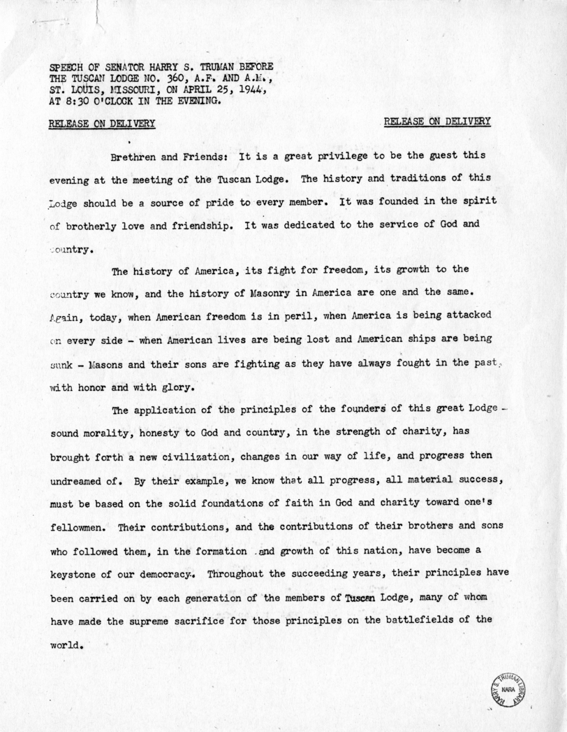 Speech of Senator Harry S. Truman bBefore the Tuscan Lodge in St. Louis, Missouri