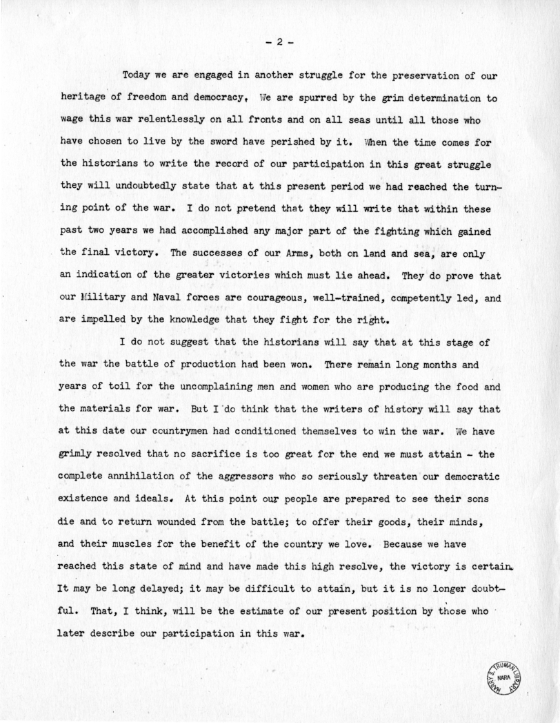 Speech of Senator Harry S. Truman bBefore the Tuscan Lodge in St. Louis, Missouri