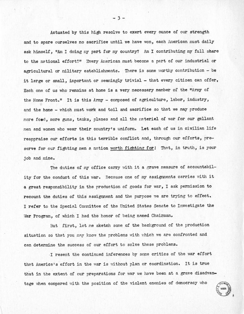 Speech of Senator Harry S. Truman bBefore the Tuscan Lodge in St. Louis, Missouri