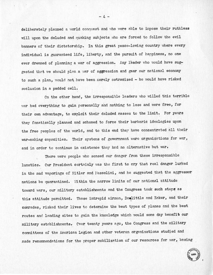 Speech of Senator Harry S. Truman bBefore the Tuscan Lodge in St. Louis, Missouri