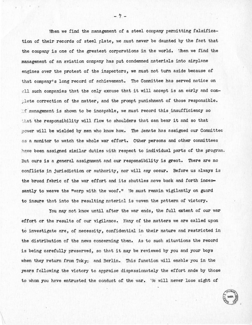 Speech of Senator Harry S. Truman bBefore the Tuscan Lodge in St. Louis, Missouri