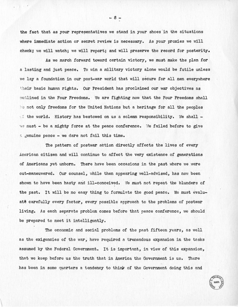 Speech of Senator Harry S. Truman bBefore the Tuscan Lodge in St. Louis, Missouri