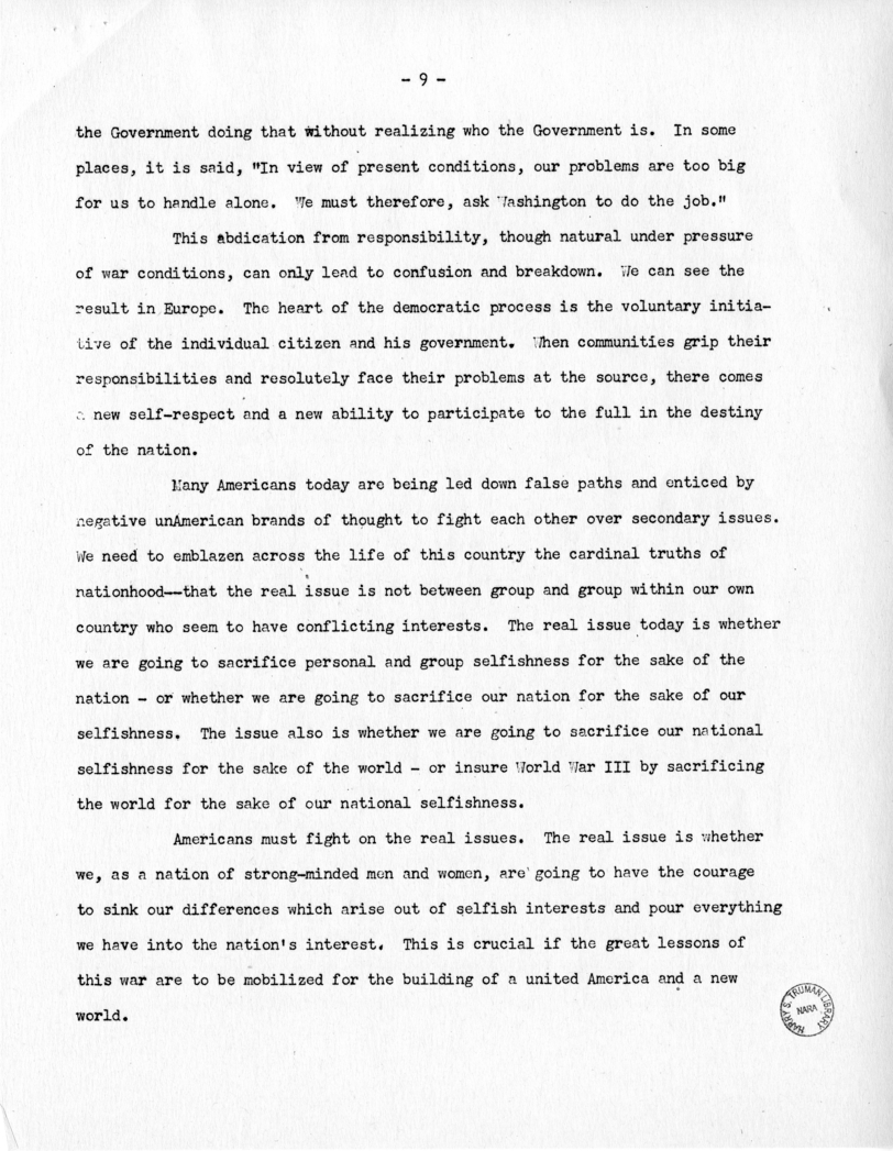 Speech of Senator Harry S. Truman bBefore the Tuscan Lodge in St. Louis, Missouri