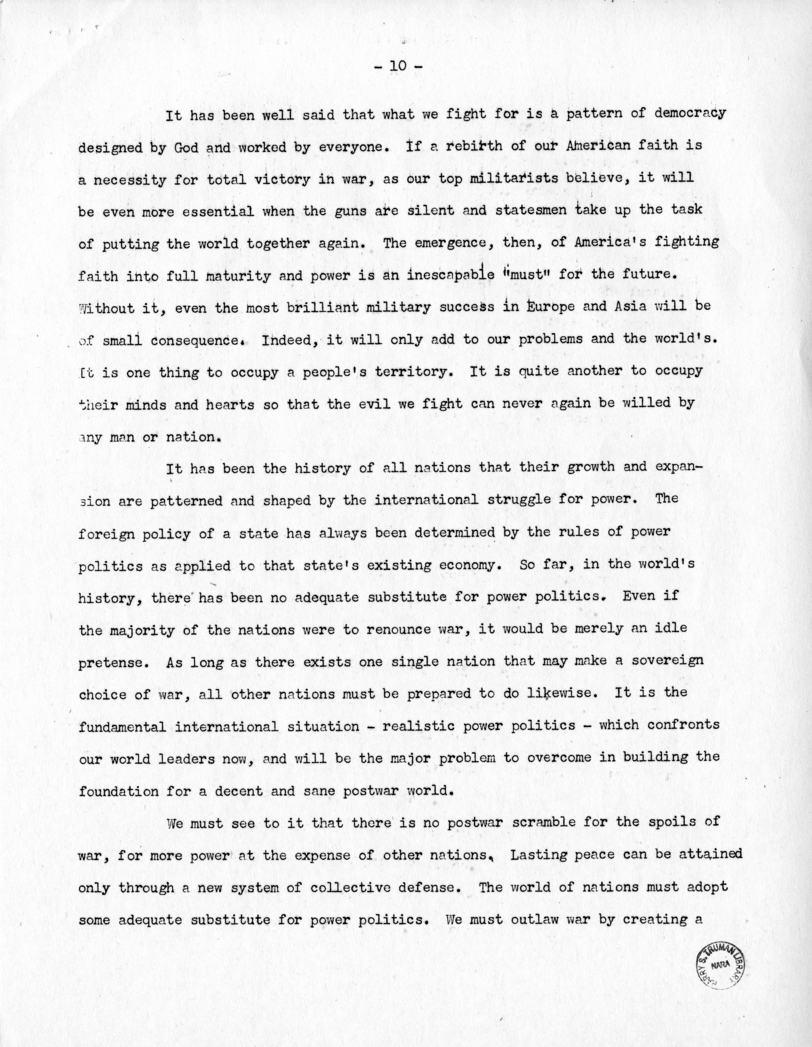 Speech of Senator Harry S. Truman bBefore the Tuscan Lodge in St. Louis, Missouri