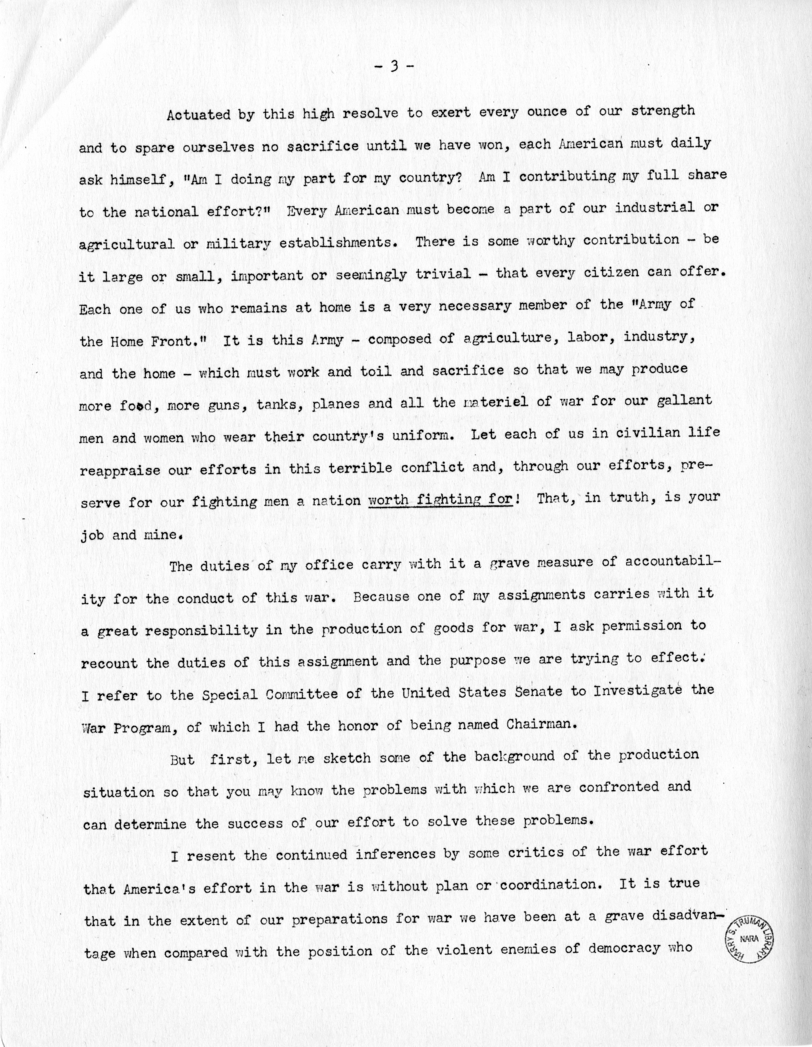 Speech of Senator Harry S. Truman Before the Mount Washington Lodge, Kansas City, Missouri