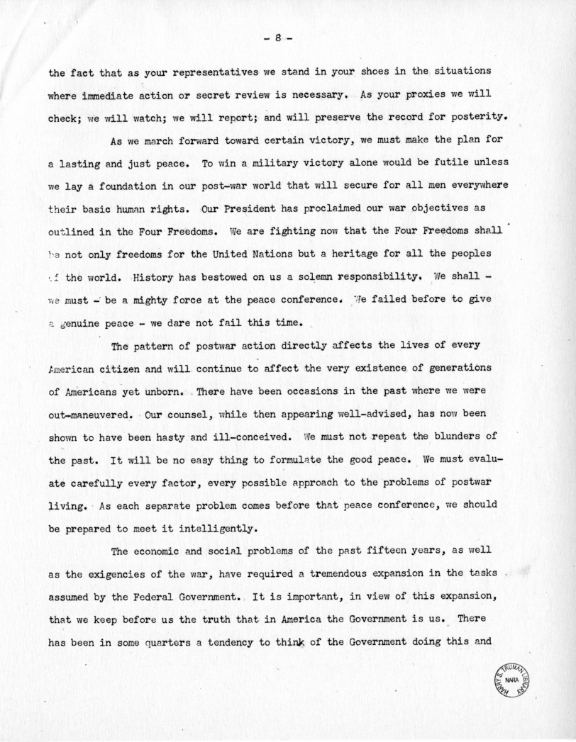 Speech of Senator Harry S. Truman Before the Mount Washington Lodge, Kansas City, Missouri