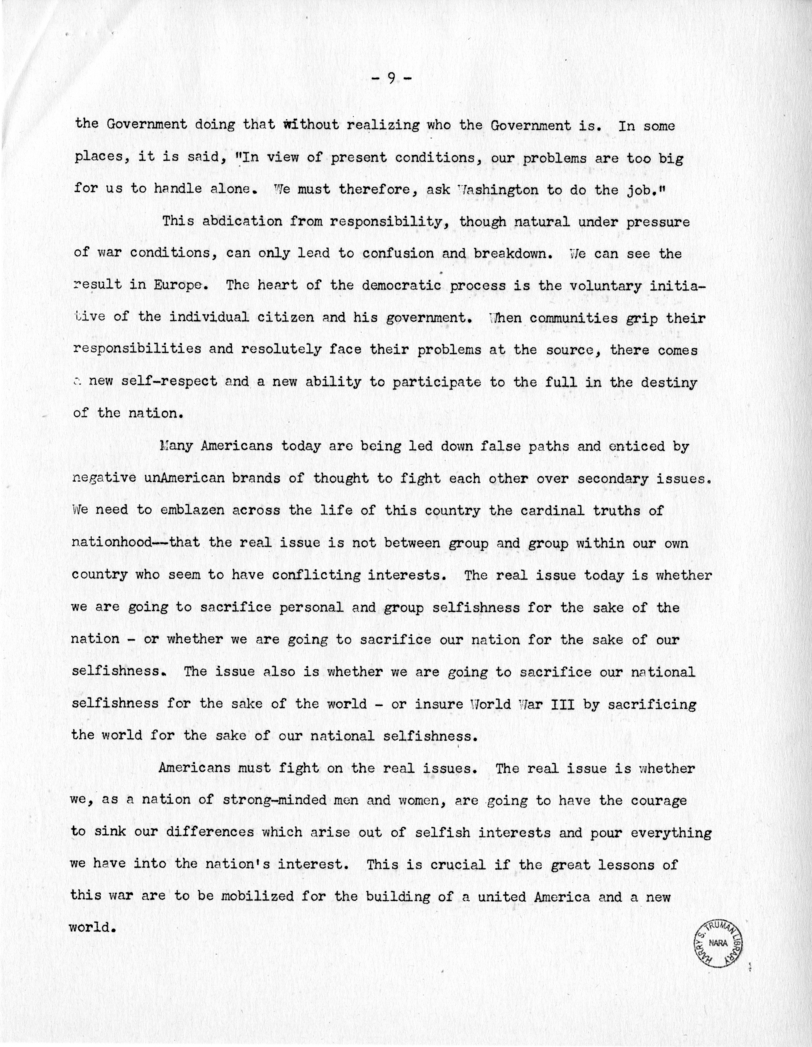 Speech of Senator Harry S. Truman Before the Mount Washington Lodge, Kansas City, Missouri