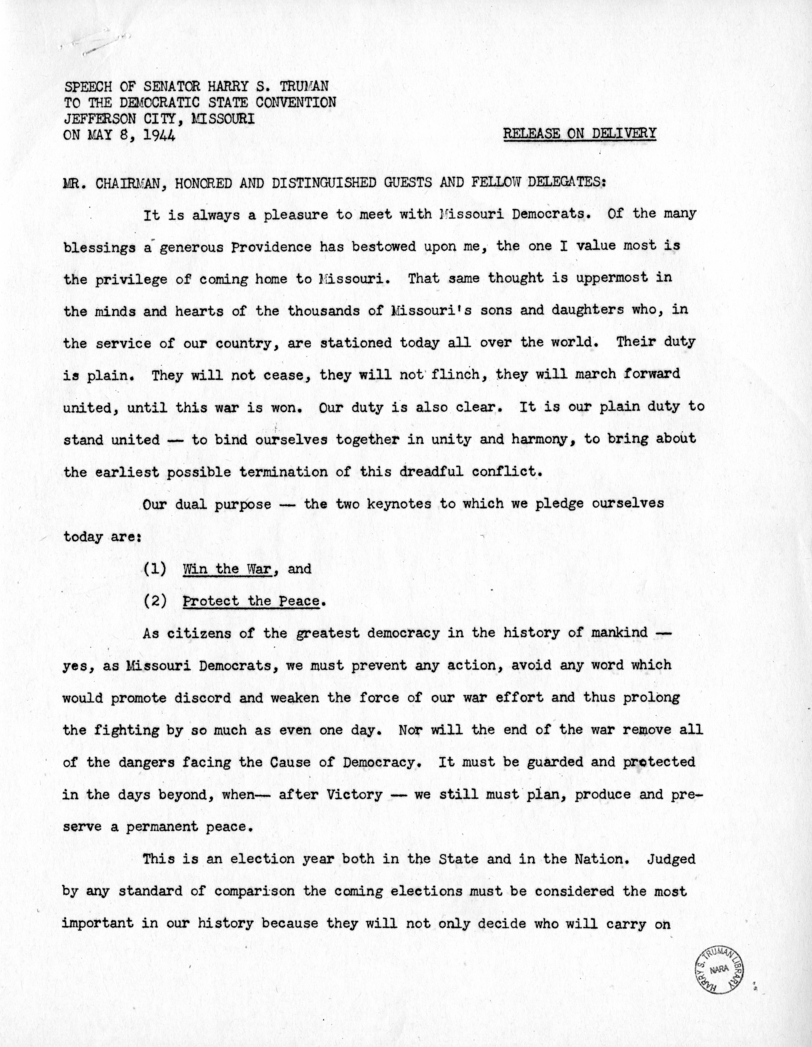 Speech of Senator Harry S. Truman at the Democratic State Convention, Jefferson City, Missouri