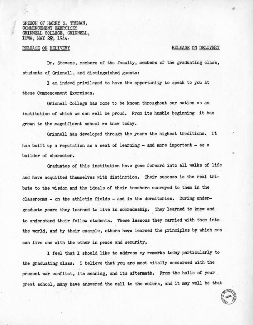 Speech of Senator Harry S. Truman at the Commencment Exercises of Grinnell College, Grinnell, Iowa