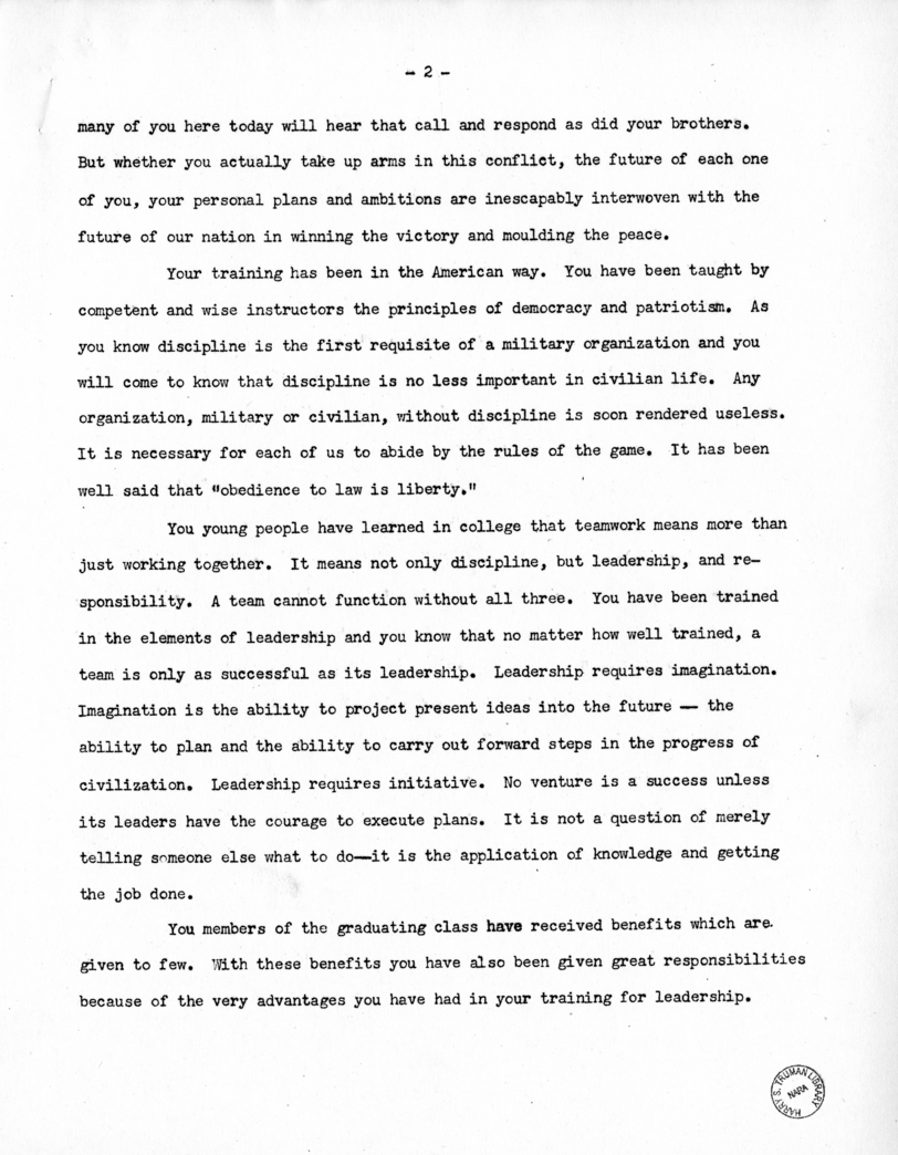 Speech of Senator Harry S. Truman at the Commencment Exercises of Grinnell College, Grinnell, Iowa
