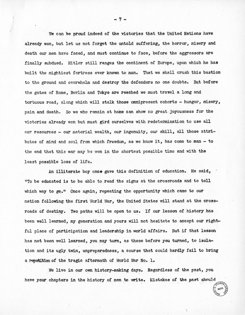 Speech of Senator Harry S. Truman at the Commencment Exercises of Grinnell College, Grinnell, Iowa