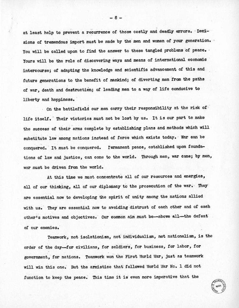 Speech of Senator Harry S. Truman at the Commencment Exercises of Grinnell College, Grinnell, Iowa