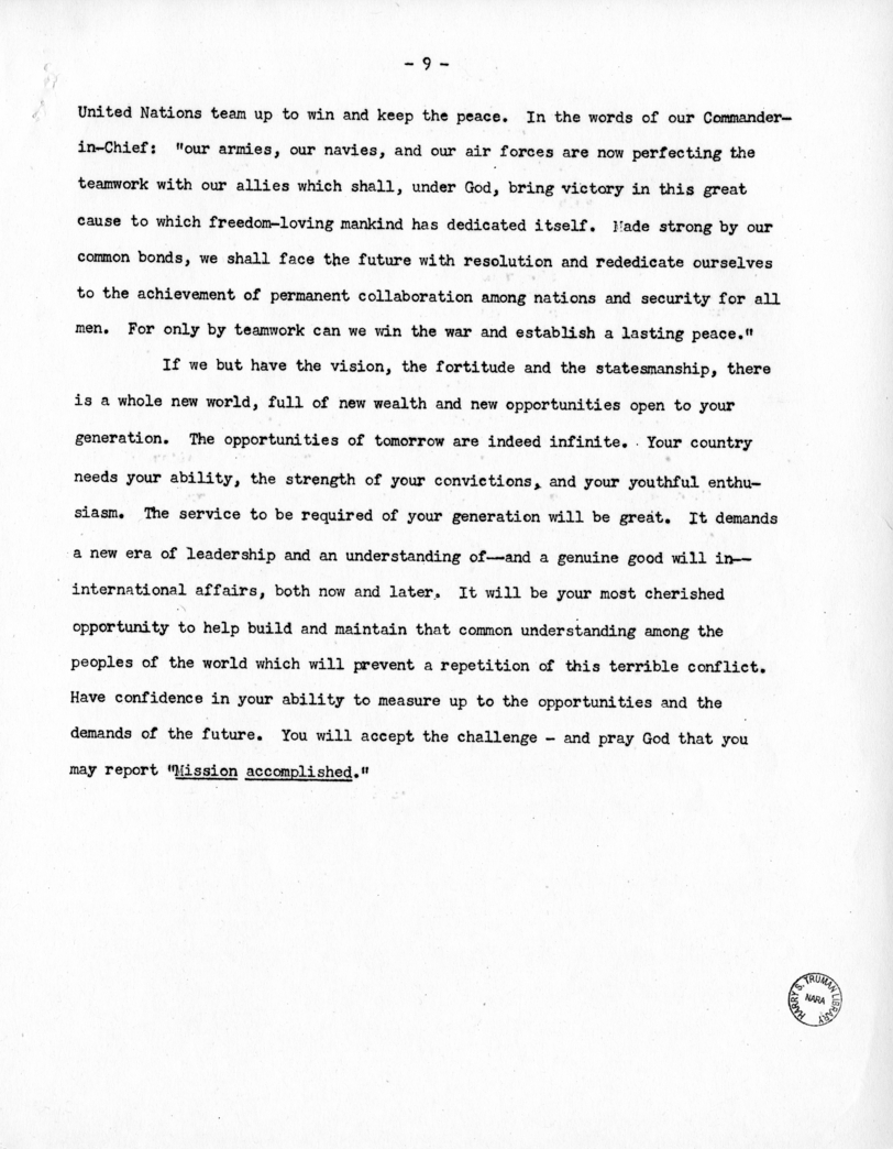 Speech of Senator Harry S. Truman at the Commencment Exercises of Grinnell College, Grinnell, Iowa