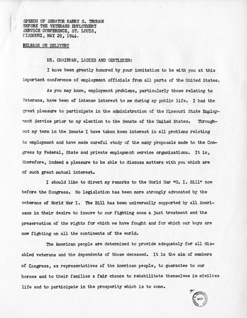 Speech of Senator Harry S. Truman Before the Veterans Employment Service Conference, St. Louis, Missouri