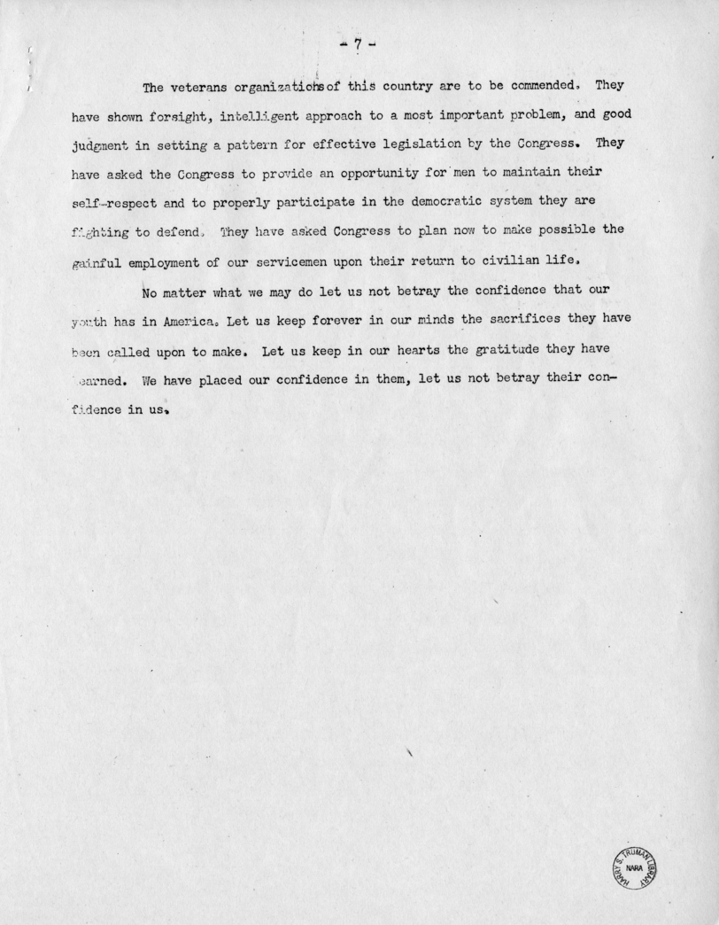 Speech of Senator Harry S. Truman Before the Veterans Employment Service Conference, St. Louis, Missouri