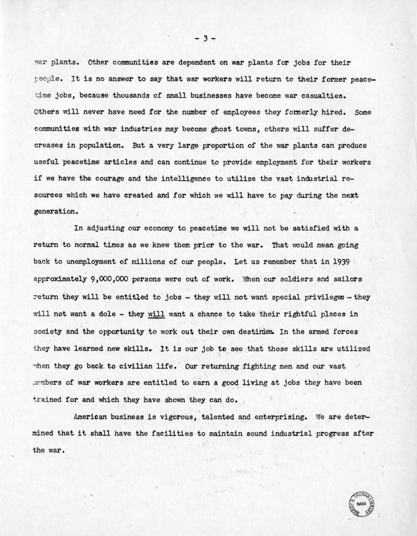 Speech of Senator Harry S. Truman Before the Post-War Planning Forum, Junior Chamber of Commerce, Cleveland, Ohio