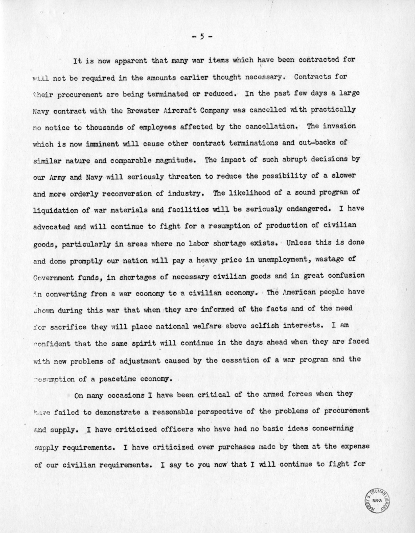 Speech of Senator Harry S. Truman Before the Post-War Planning Forum, Junior Chamber of Commerce, Cleveland, Ohio