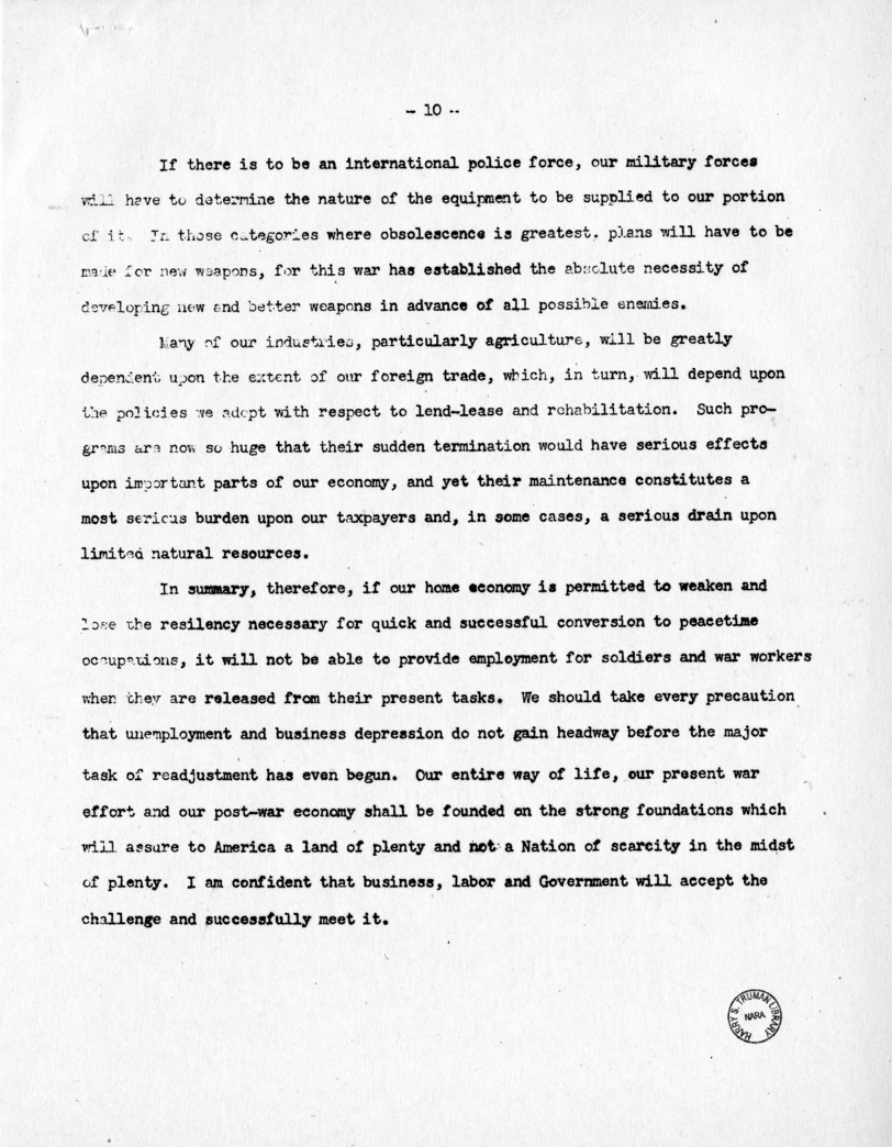 Speech of Senator Harry S. Truman Before the Post-War Planning Forum, Junior Chamber of Commerce, Cleveland, Ohio