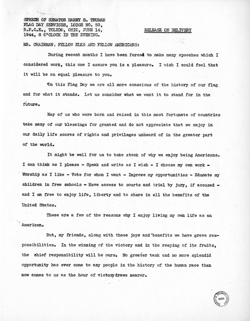 Speech of Senator Harry S. Truman at Flag Day Services, Benevolent and Protective Order of Eagles, Toledo, Ohio