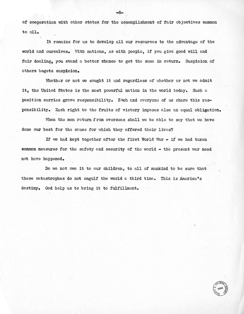 Speech of Senator Harry S. Truman at Flag Day Services, Benevolent and Protective Order of Eagles, Toledo, Ohio