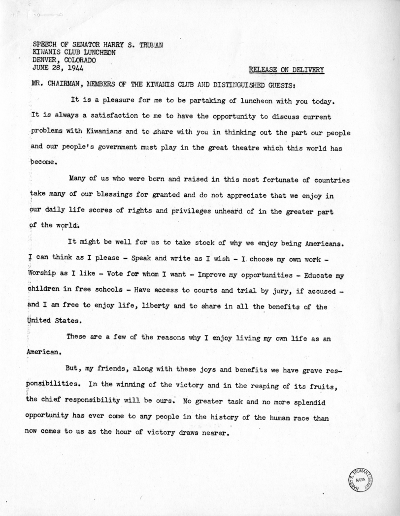 Speech of Senator Harry S. Truman Before the Kiwanis Club, Denver, Colorado