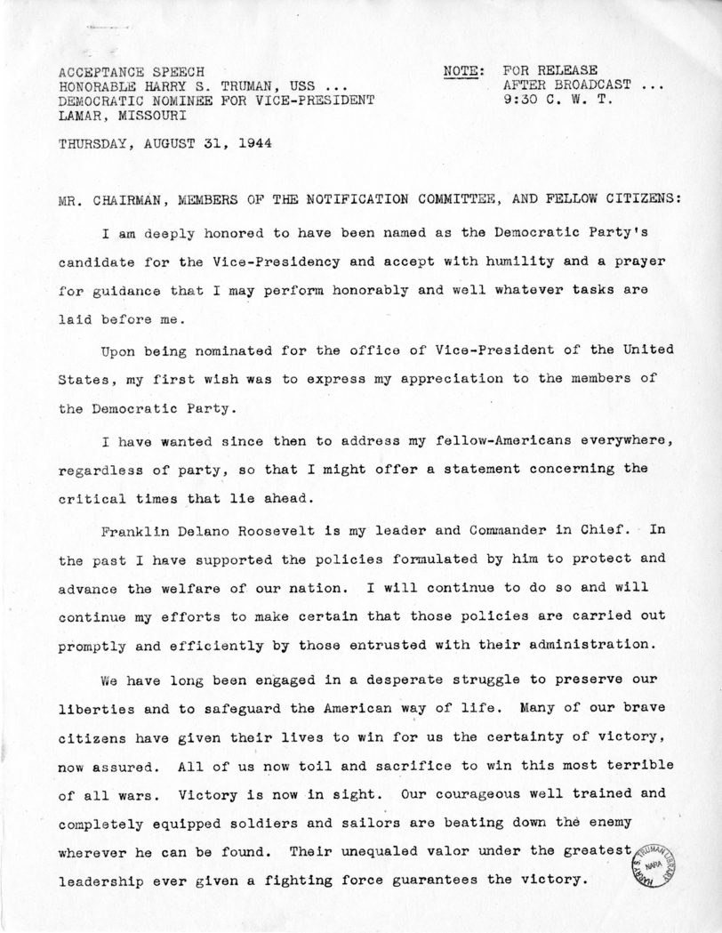 Acceptance Speech of Senator Harry S. Truman, Democratic Nominee for Vice-President