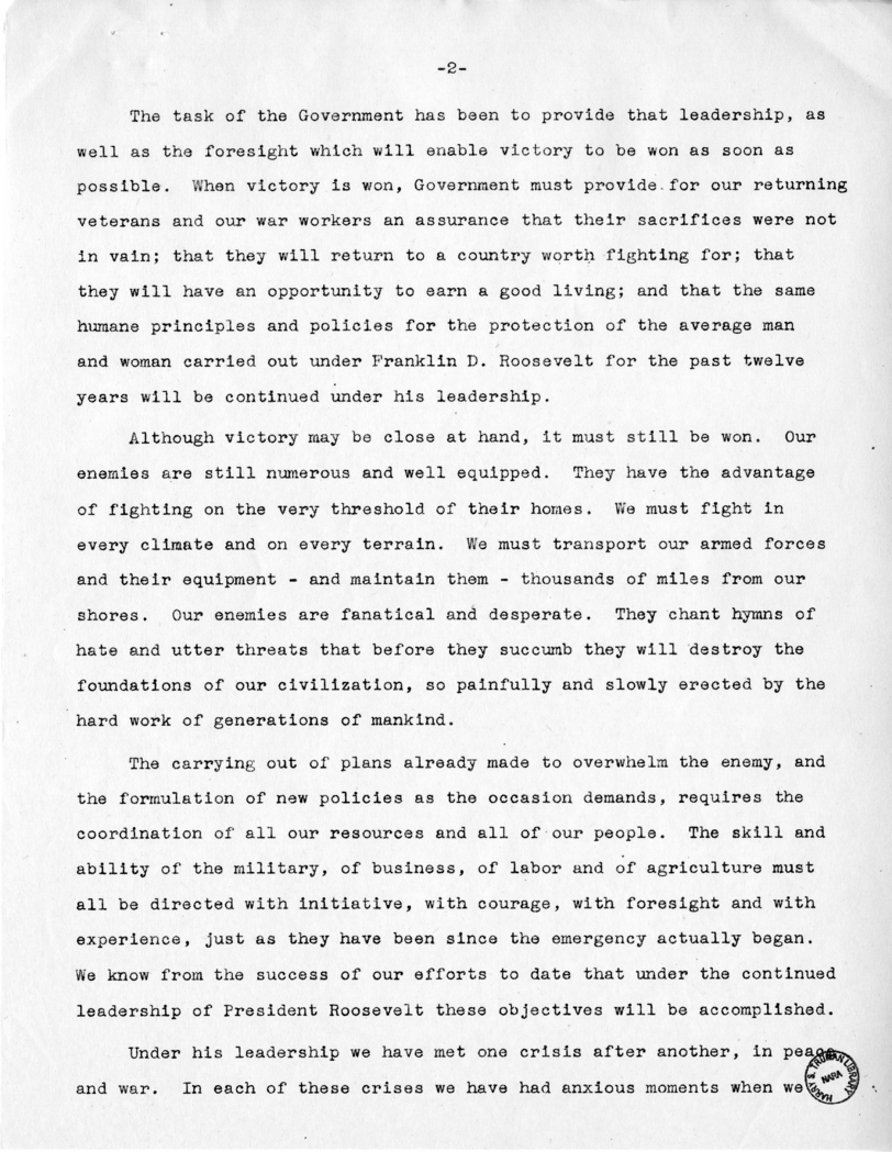 Acceptance Speech of Senator Harry S. Truman, Democratic Nominee for Vice-President