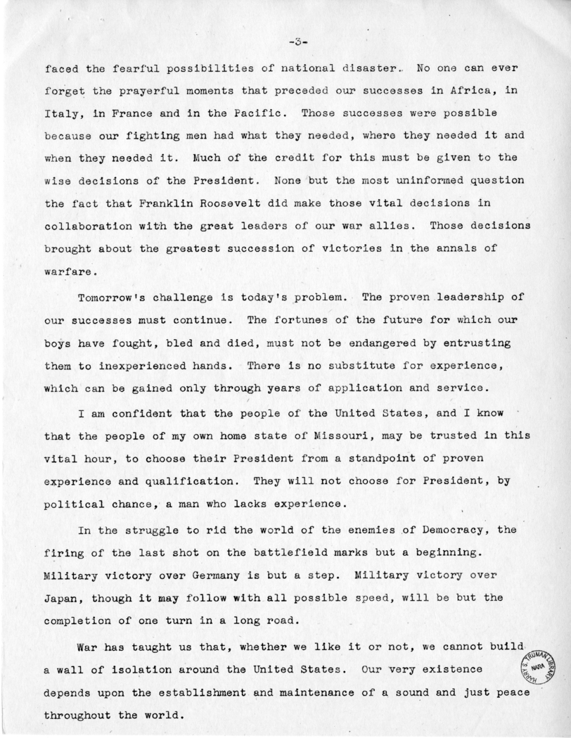 Acceptance Speech of Senator Harry S. Truman, Democratic Nominee for Vice-President