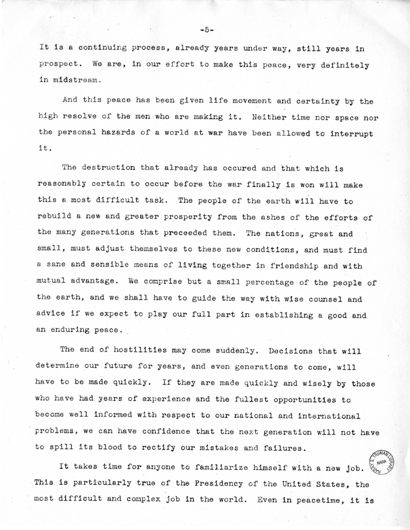 Acceptance Speech of Senator Harry S. Truman, Democratic Nominee for Vice-President