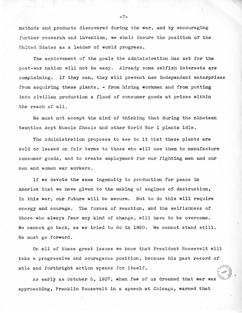 Acceptance Speech of Senator Harry S. Truman, Democratic Nominee for Vice-President