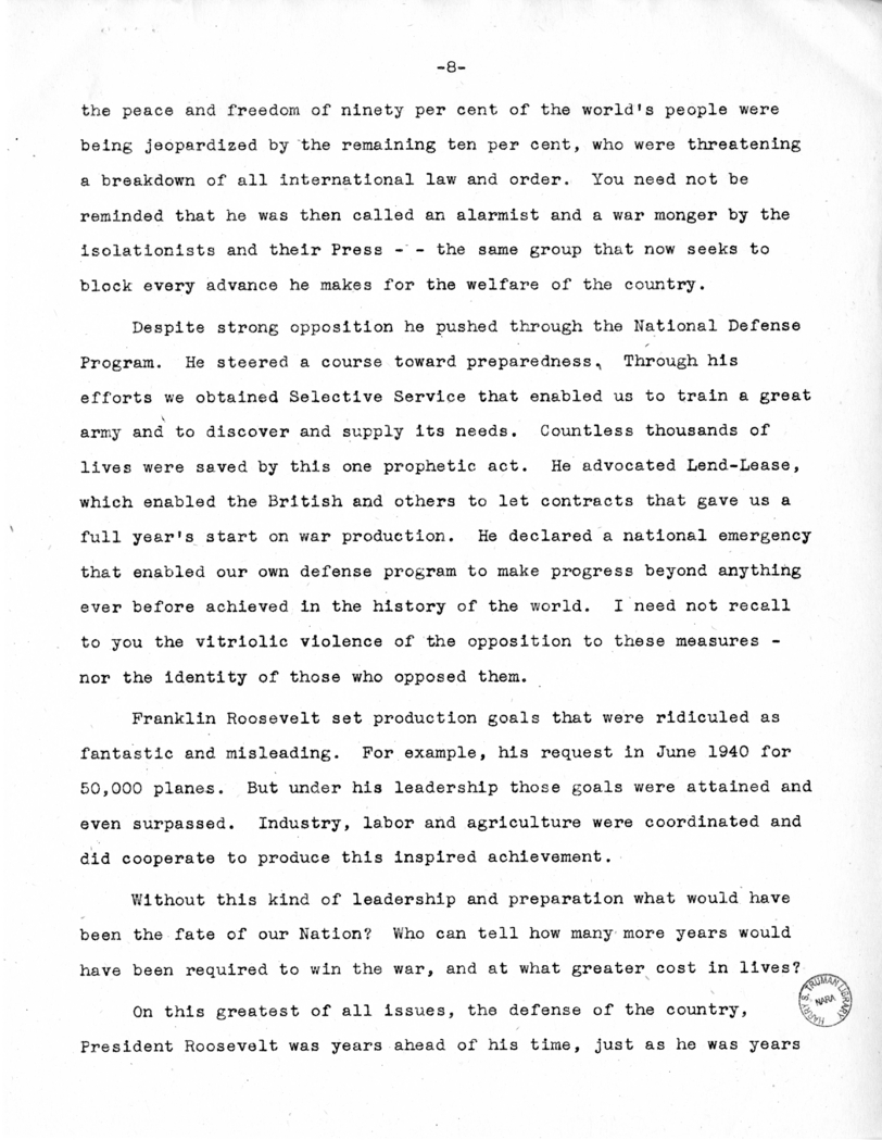 Acceptance Speech of Senator Harry S. Truman, Democratic Nominee for Vice-President