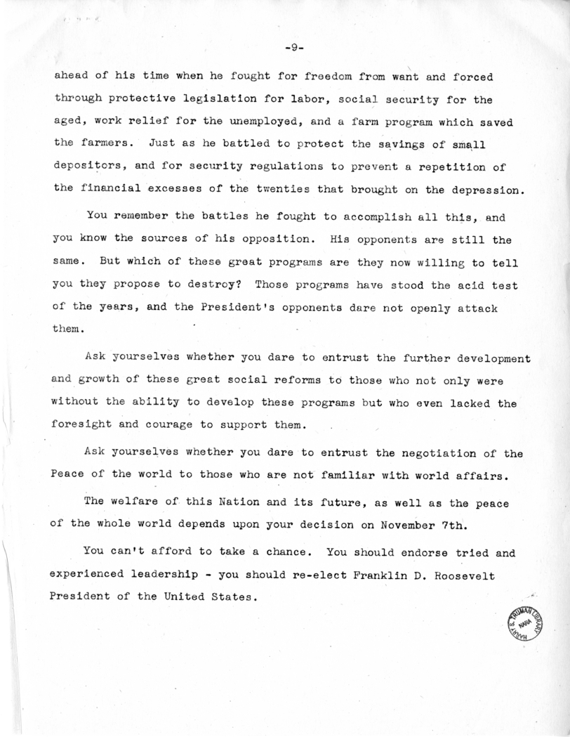 Acceptance Speech of Senator Harry S. Truman, Democratic Nominee for Vice-President