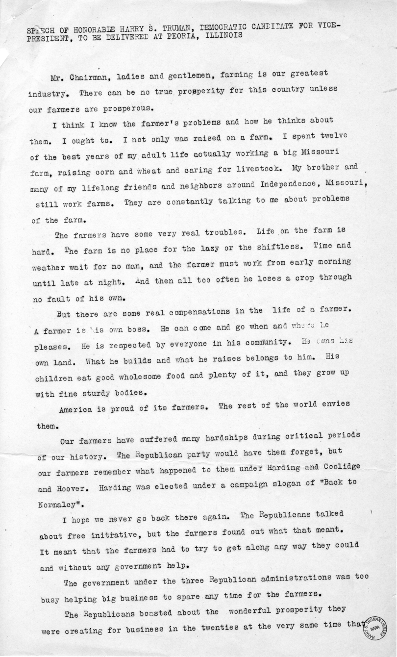 Speech of Senator Harry S. Truman, Democratic Candidate for Vice President, in Peoria, Illinois