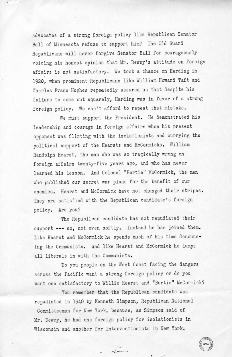 Speech of Senator Harry S. Truman in Los Angeles, California