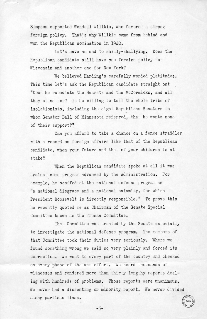 Speech of Senator Harry S. Truman in Los Angeles, California