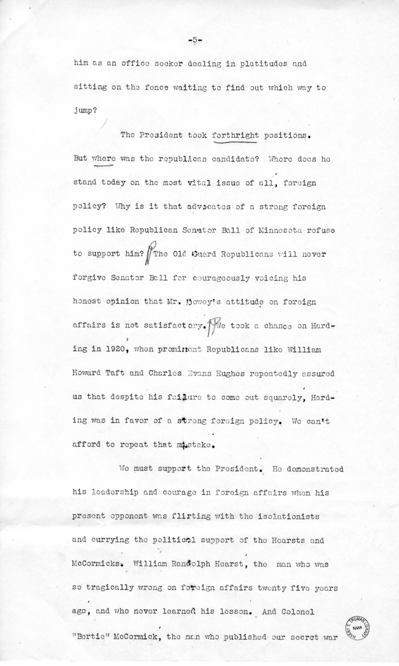 Draft of Speech of Senator Harry S. Truman, Los Angeles, California