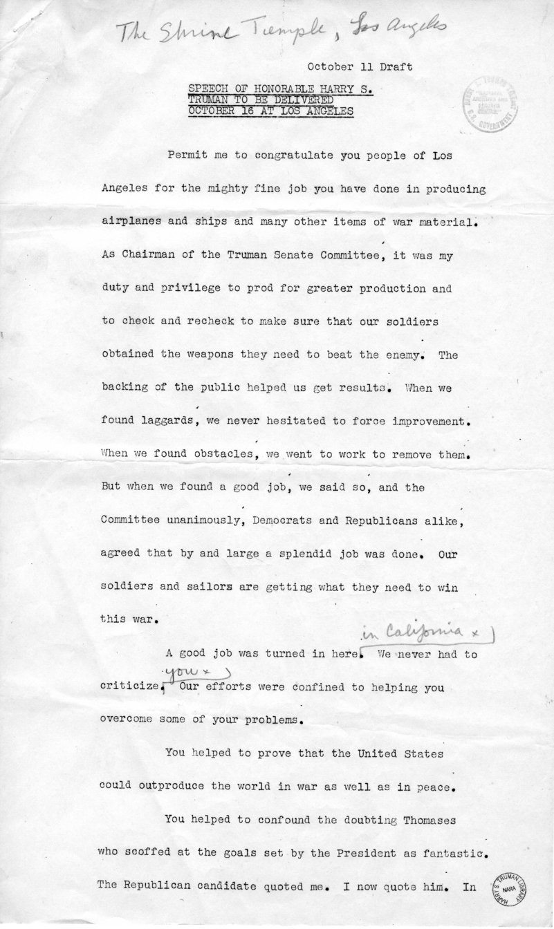 Draft of Speech of Senator Harry S. Truman in Los Angeles, California