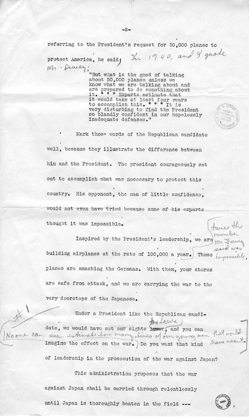 Draft of Speech of Senator Harry S. Truman in Los Angeles, California