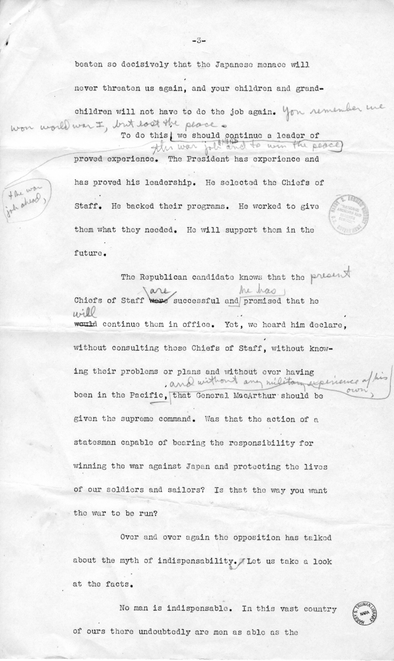 Draft of Speech of Senator Harry S. Truman in Los Angeles, California