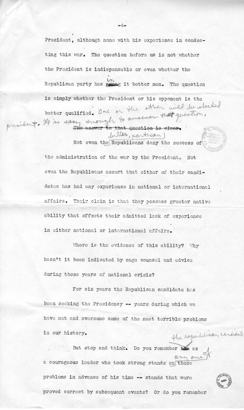 Draft of Speech of Senator Harry S. Truman in Los Angeles, California