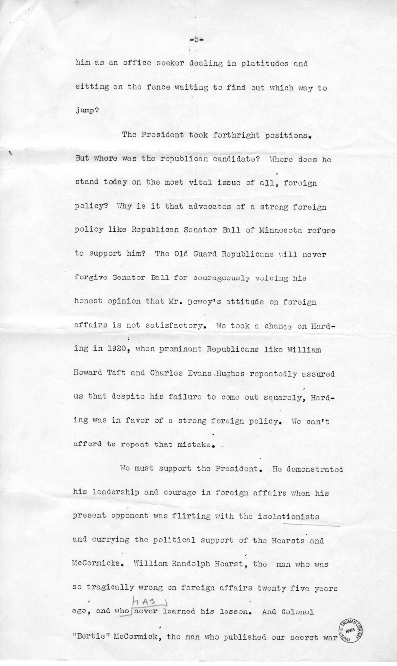 Draft of Speech of Senator Harry S. Truman in Los Angeles, California