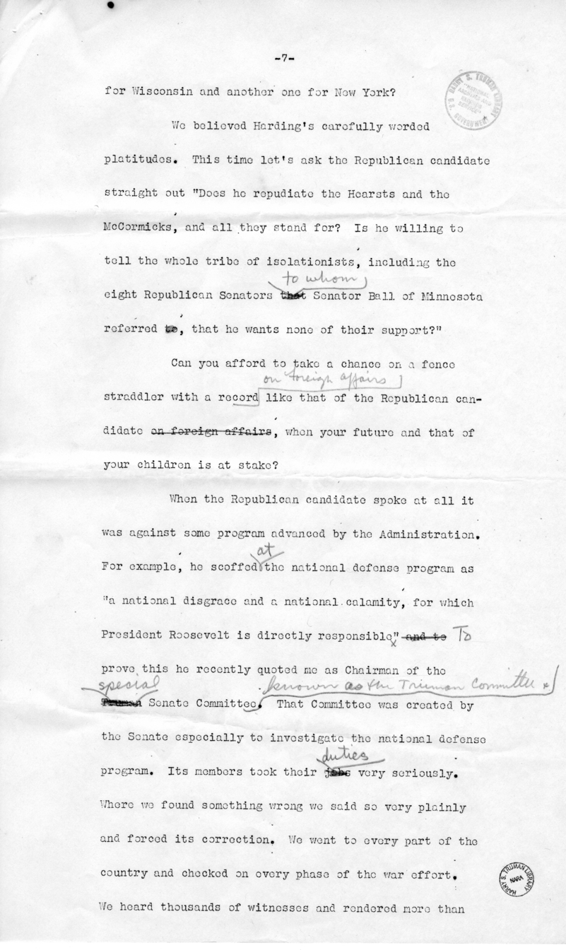 Draft of Speech of Senator Harry S. Truman in Los Angeles, California