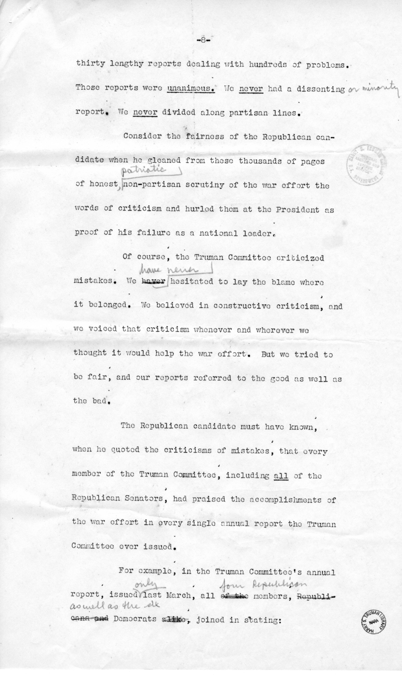Draft of Speech of Senator Harry S. Truman in Los Angeles, California